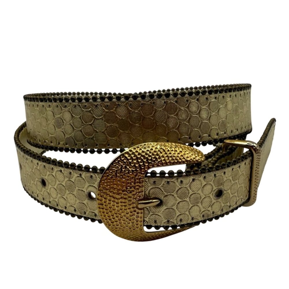 Gold Textured Belt Hammered Buckle Small Studded Edge Statement Belt Shiny Disco